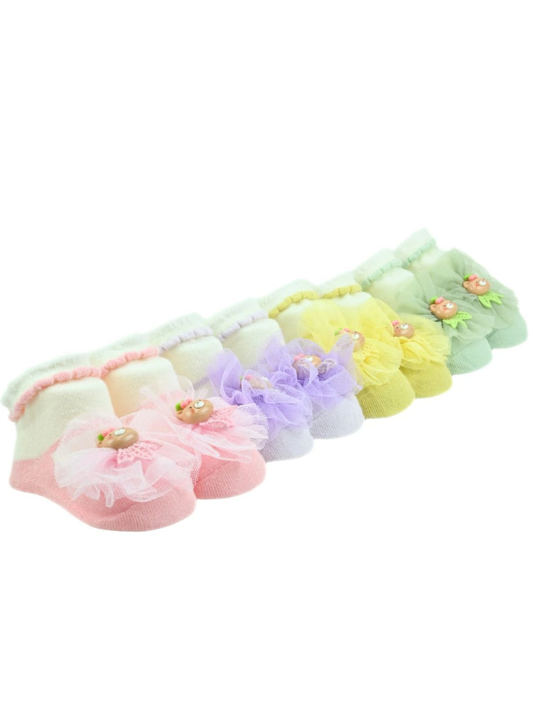 Sweet Baby Cotton Socks with Bear & Floral Design for Girls- Pink, Purple, Green & Yellow - Angle View