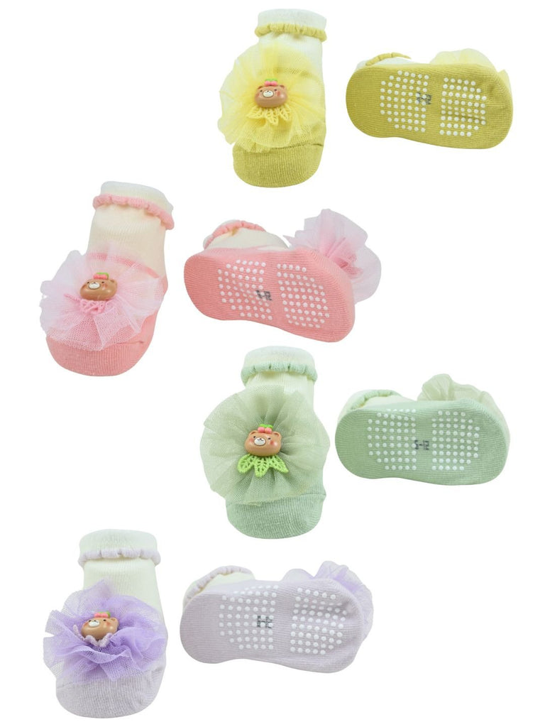 Sweet Baby Cotton Socks with Bear & Floral Design for Girls- Pink, Purple, Green & Yellow - Front & Back View