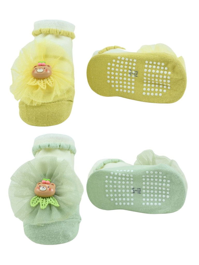 Sweet Baby Cotton Socks with Tulle Bow & Bear Applique for Girls - Yellow & Green - Front & Back View