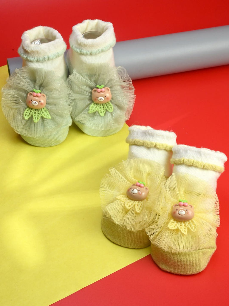 Sweet Baby Cotton Socks with Tulle Bow & Bear Applique for Girls - Yellow & Green - Creative View