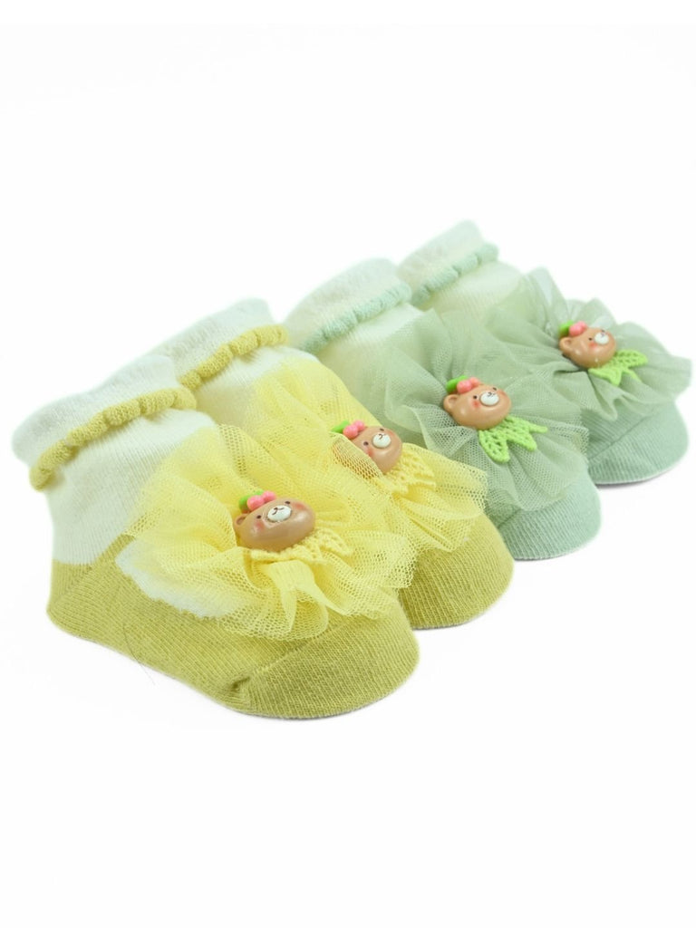 Sweet Baby Cotton Socks with Tulle Bow & Bear Applique for Girls - Yellow & Green - Angle View
