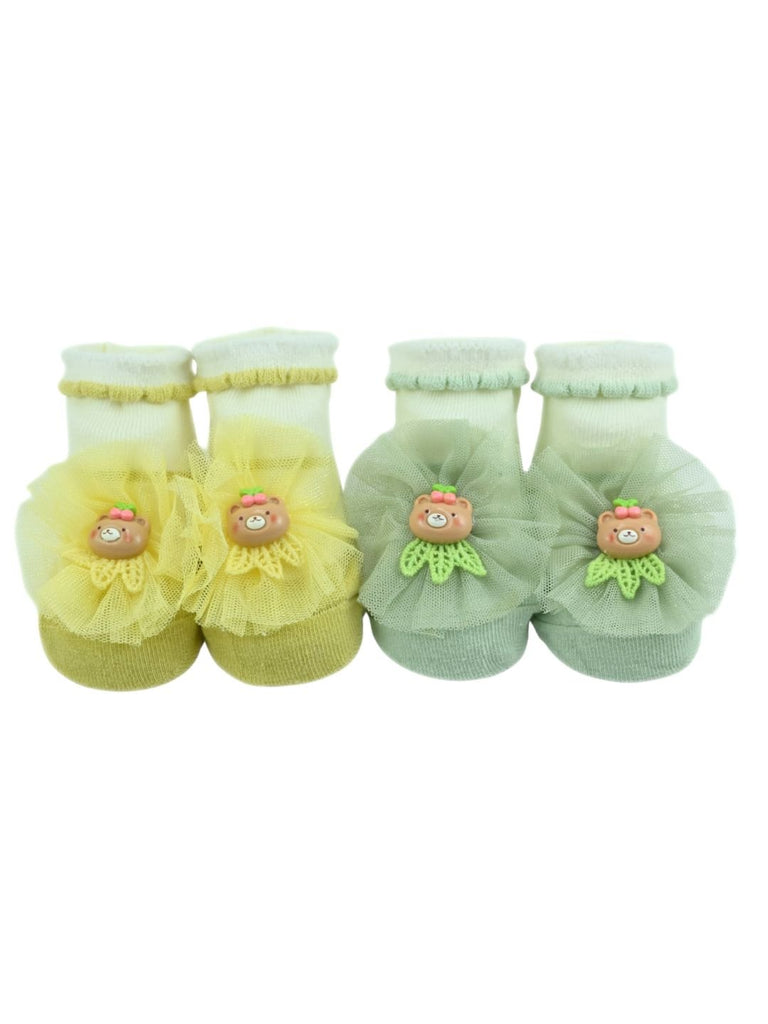 Sweet Baby Cotton Socks with Tulle Bow & Bear Applique for Girls - Yellow & Green - Front View
