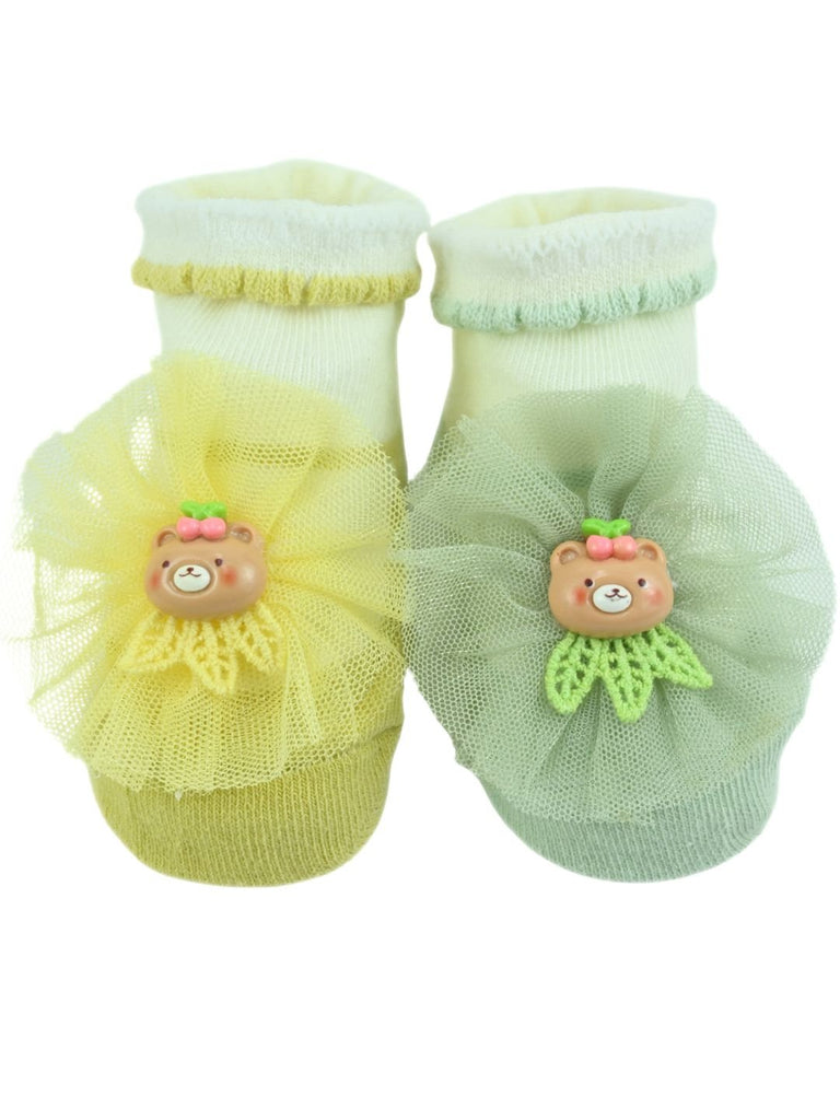 Sweet Baby Cotton Socks with Tulle Bow & Bear Applique for Girls - Yellow & Green - Full View