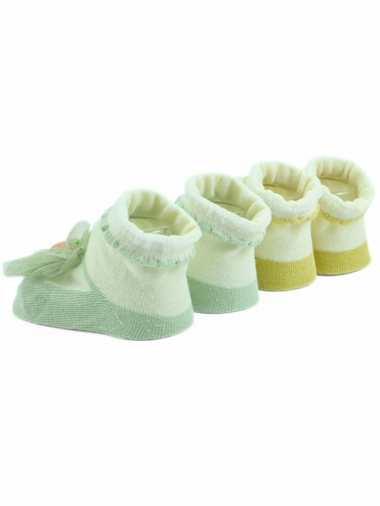Sweet Baby Cotton Socks with Tulle Bow & Bear Applique for Girls - Yellow & Green - Back View