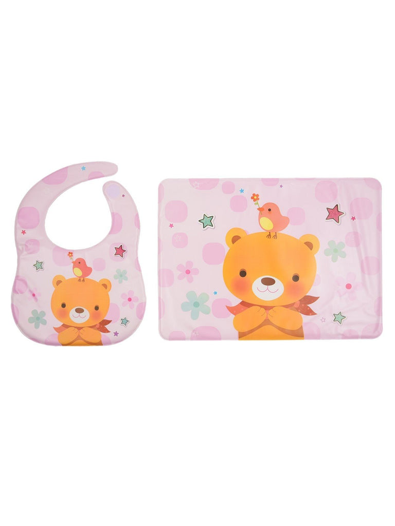 Yellow Bee Sweet Bear Pink Waterproof Bib with Crumb Catcher - Full Front View