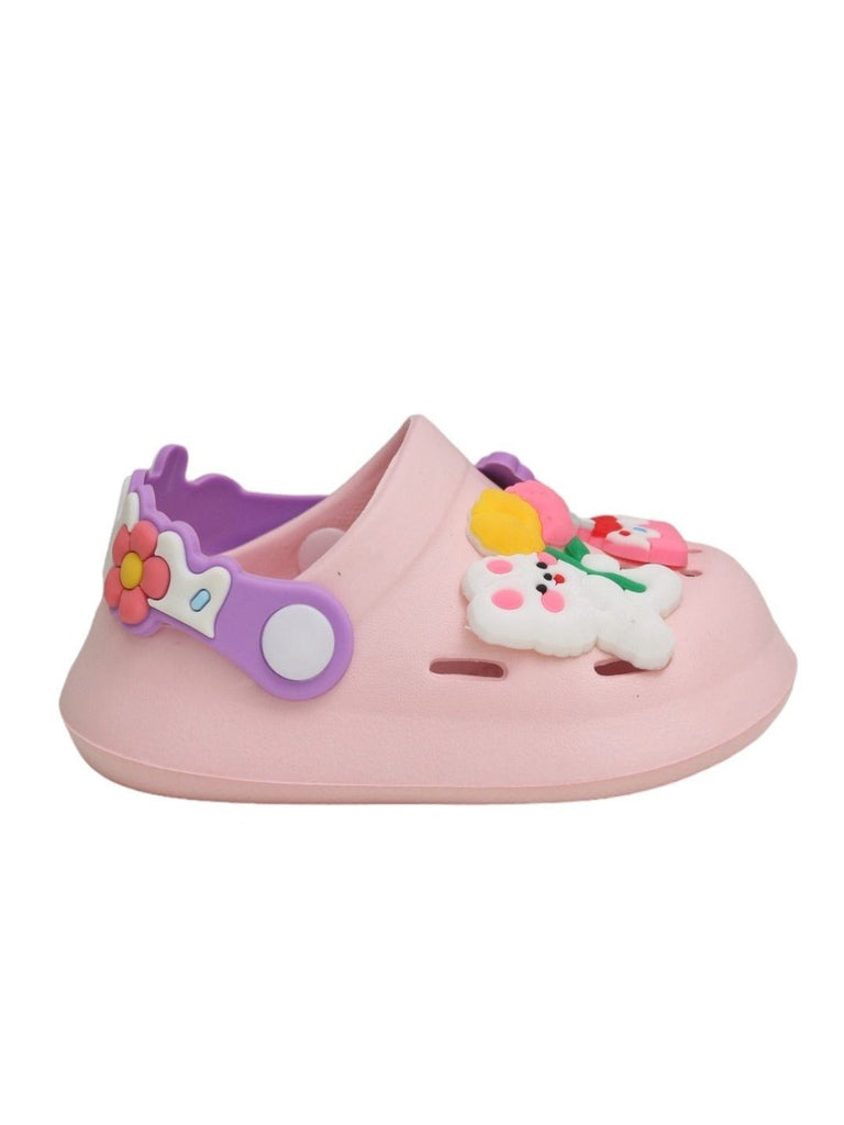 Side View of Kids' Pastel Pink Clogs with Sweet Charms