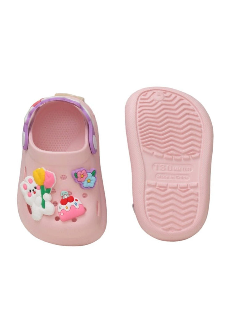 Top and Bottom View of Kids' Pink Clogs with Treat and Floral Charms