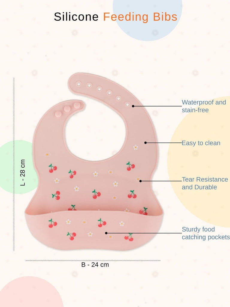 Dimensions of Sweet Cherry Blossom Baby Bib in Pink with Details