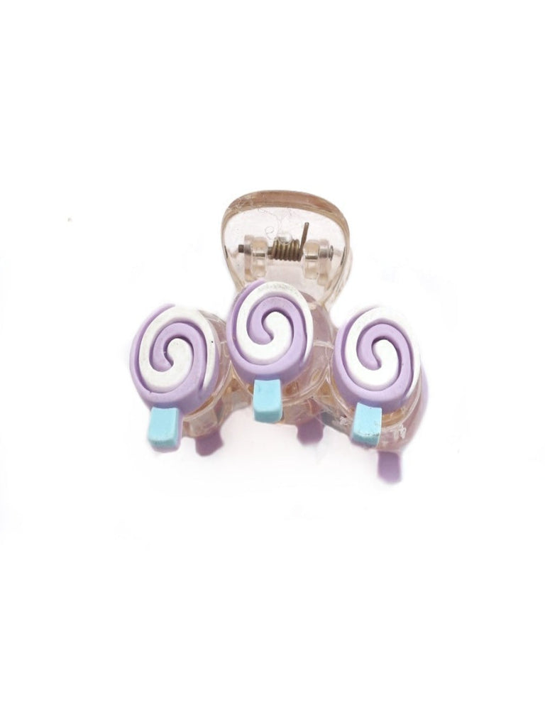 Full view of Sweet Lollipop Inspired Swirl Hair Claw Clip with three lollipop designs in lavender and white.