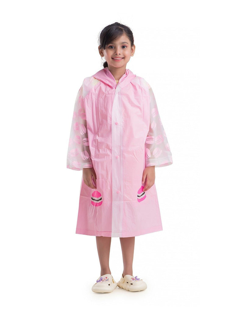 Full front view of the Sweet Macaron Hooded Raincoat for Girls, highlighting the design and pockets.