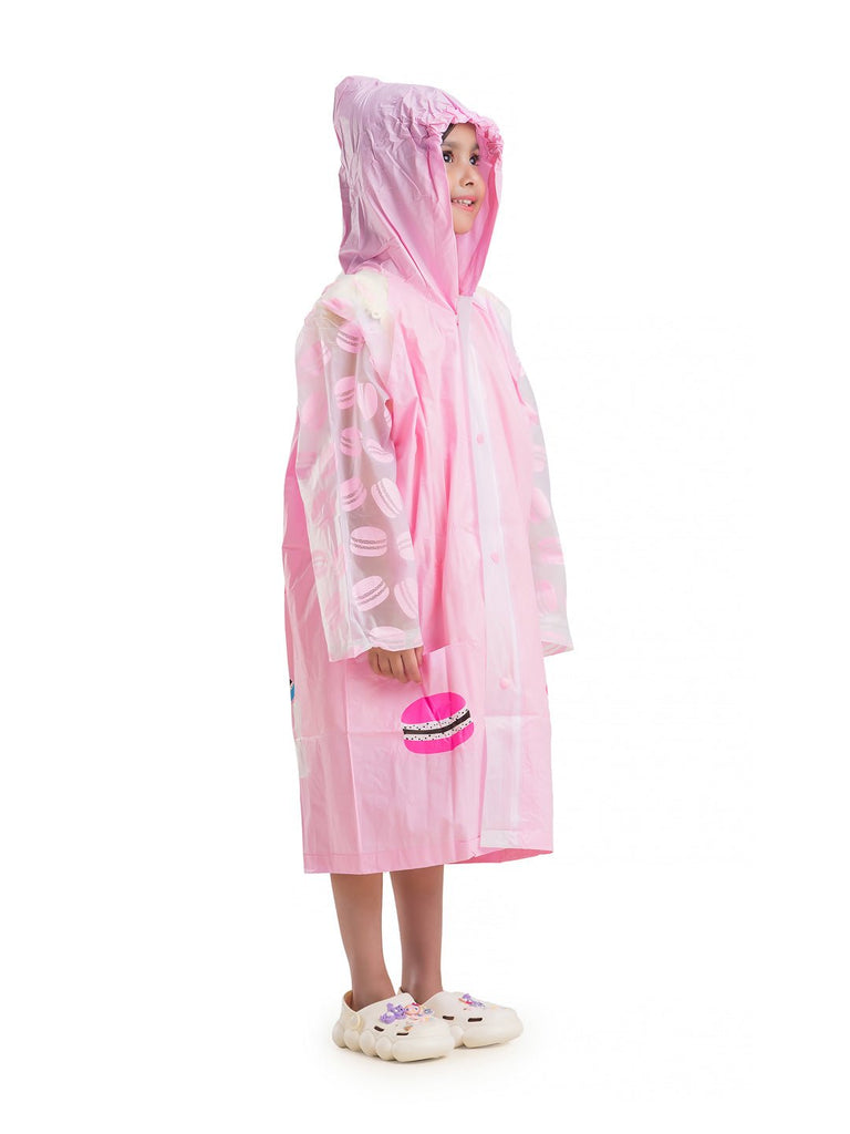 Side view of the Sweet Macaron Hooded Raincoat for Girls, highlighting the design and pockets.