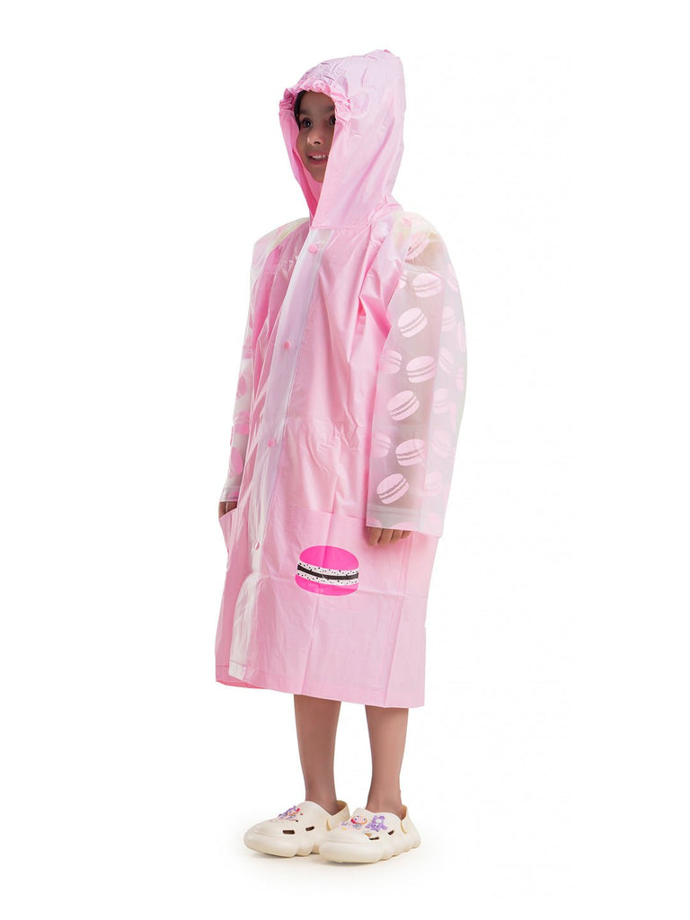 Angle view of the Sweet Macaron Hooded Raincoat for Girls, highlighting the design and pockets.