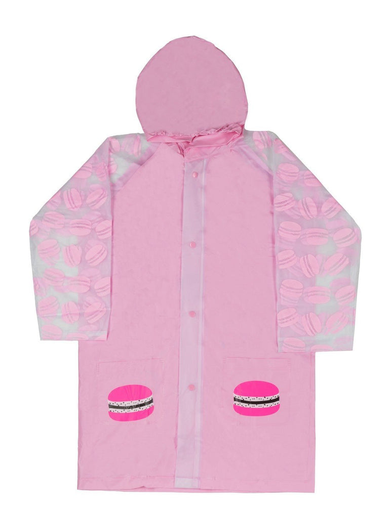 Full front view of the Sweet Macaron Hooded Raincoat for Girls, highlighting the design and pockets.