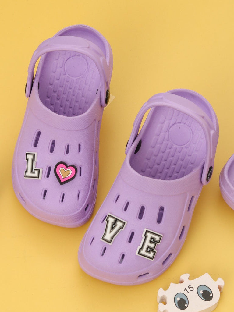 Sweet Purple Clogs with “LOVE” Letter & Heart Charms for Girls-Creative View