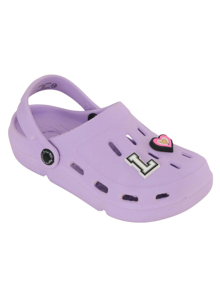 Sweet Purple Clogs with “LOVE” Letter & Heart Charms for Girls-Angle View