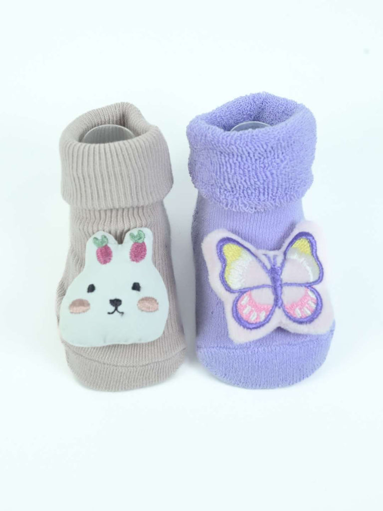 Sweet Steps Baby Socks Duo – Strawberry Bunny & Butterfly Plush Booties in Soft Pastels-Front View