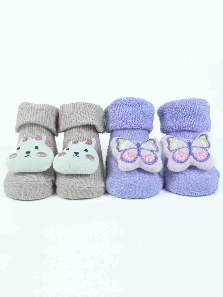 Sweet Steps Baby Socks Duo – Strawberry Bunny & Butterfly Plush Booties in Soft Pastels-Full View