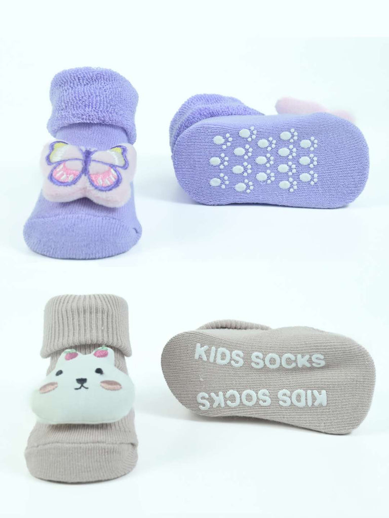 Sweet Steps Baby Socks Duo – Strawberry Bunny & Butterfly Plush Booties in Soft Pastels-Front & Back View