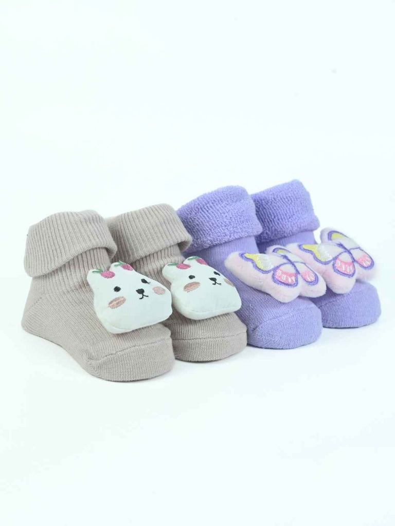 Sweet Steps Baby Socks Duo – Strawberry Bunny & Butterfly Plush Booties in Soft Pastels-Angle View