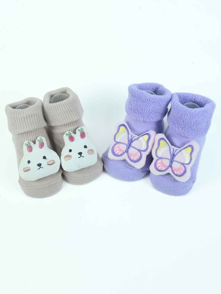 Sweet Steps Baby Socks Duo – Strawberry Bunny & Butterfly Plush Booties in Soft Pastels-Full Front View