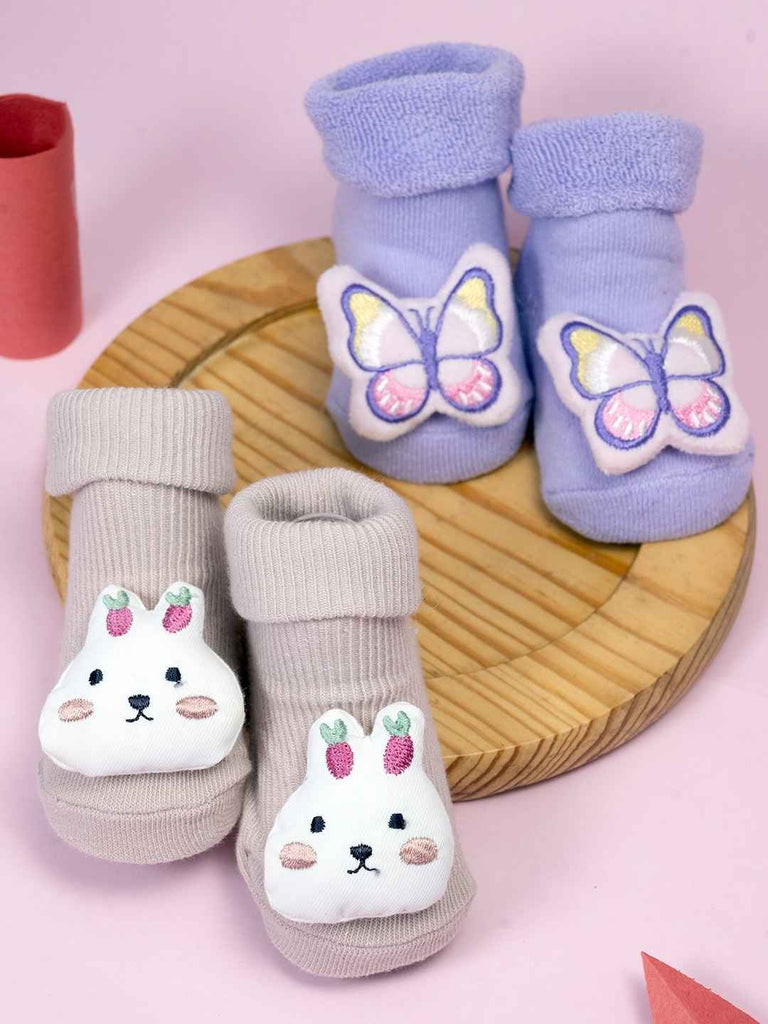 Sweet Steps Baby Socks Duo – Strawberry Bunny & Butterfly Plush Booties in Soft Pastels- Creative view