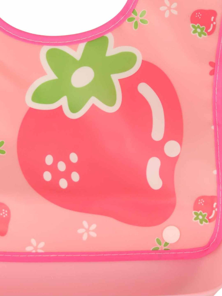 BerryBunnyBabyBib_PinkBibwithStrawberryMotif_FoodCatcherPocket-CloseUpView1