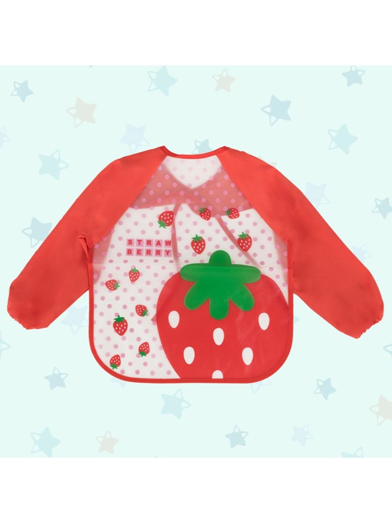 Creative display of the Sweet Strawberry Patch long-sleeve waterproof baby bib highlighting its playful design.