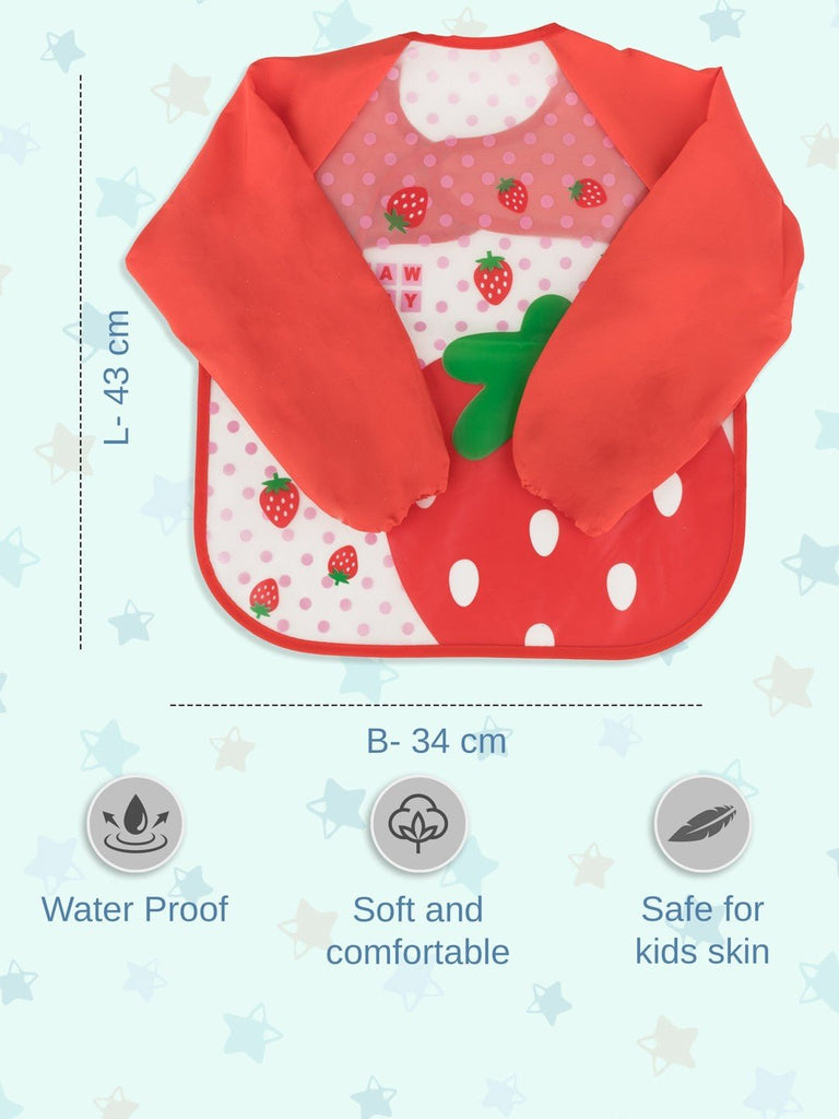 Size and detail information of the Sweet Strawberry Patch long-sleeve baby bib for girls.