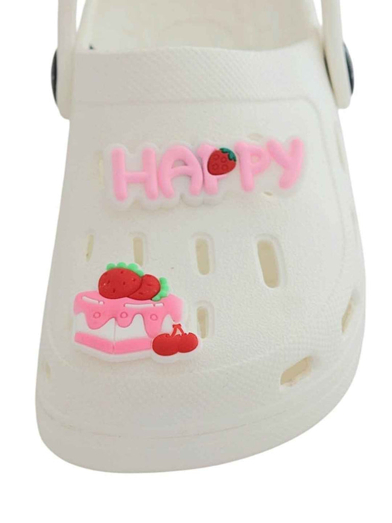 Sweet White Clogs with “Happy” & Cherry Cake Charms for Girls-Front View