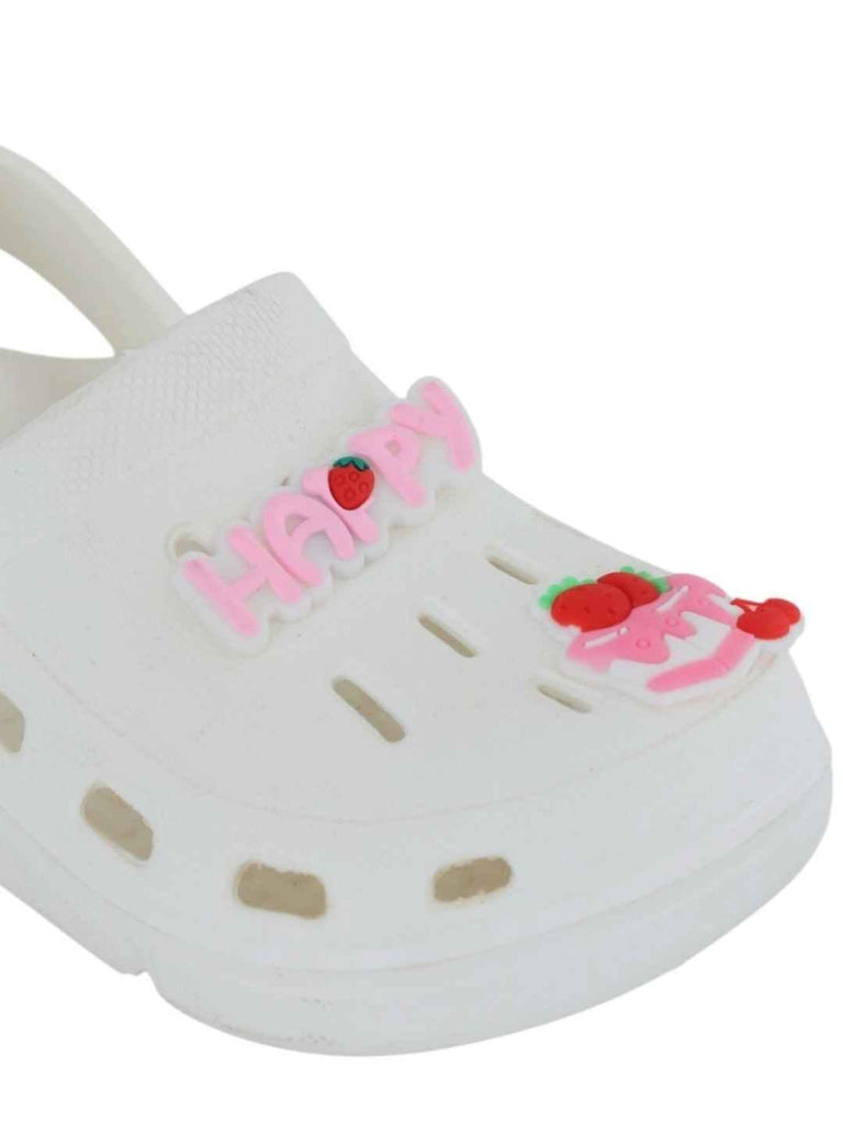 Sweet White Clogs with “Happy” & Cherry Cake Charms for Girls-Close up view