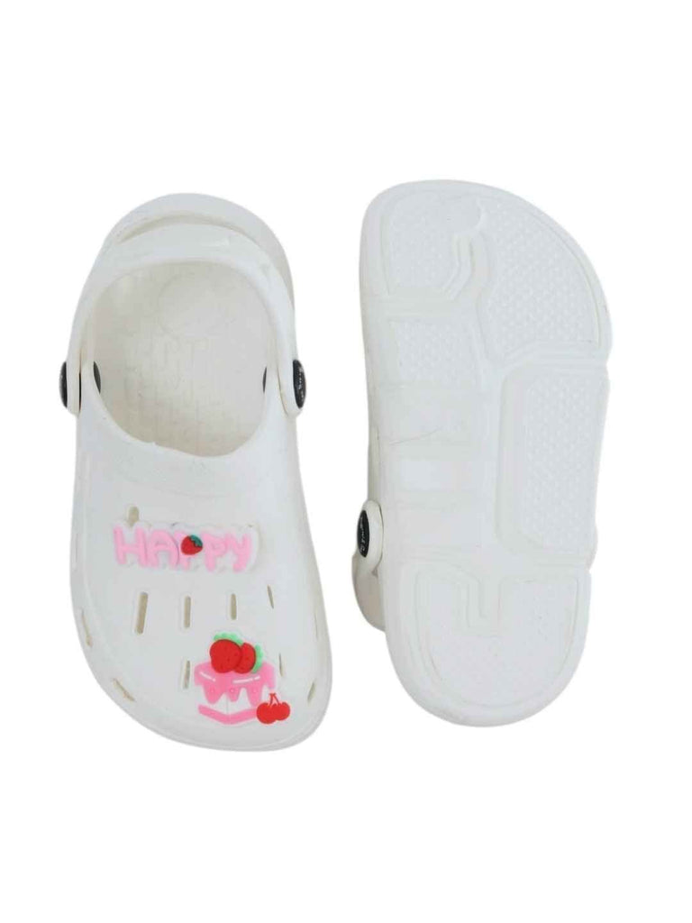 Sweet White Clogs with “Happy” & Cherry Cake Charms for Girls-Front & Back View