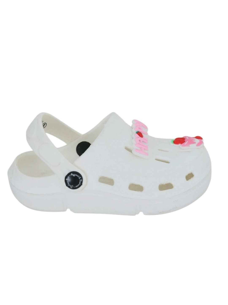 Sweet White Clogs with “Happy” & Cherry Cake Charms for Girls-Side View