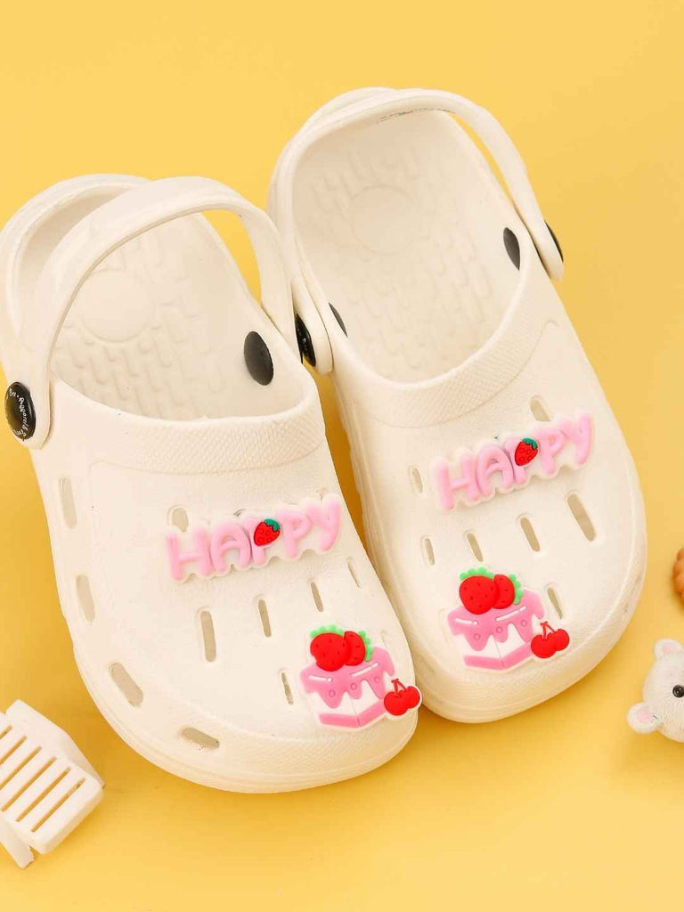 Sweet White Clogs with “Happy” & Cherry Cake Charms for Girls-Creative View