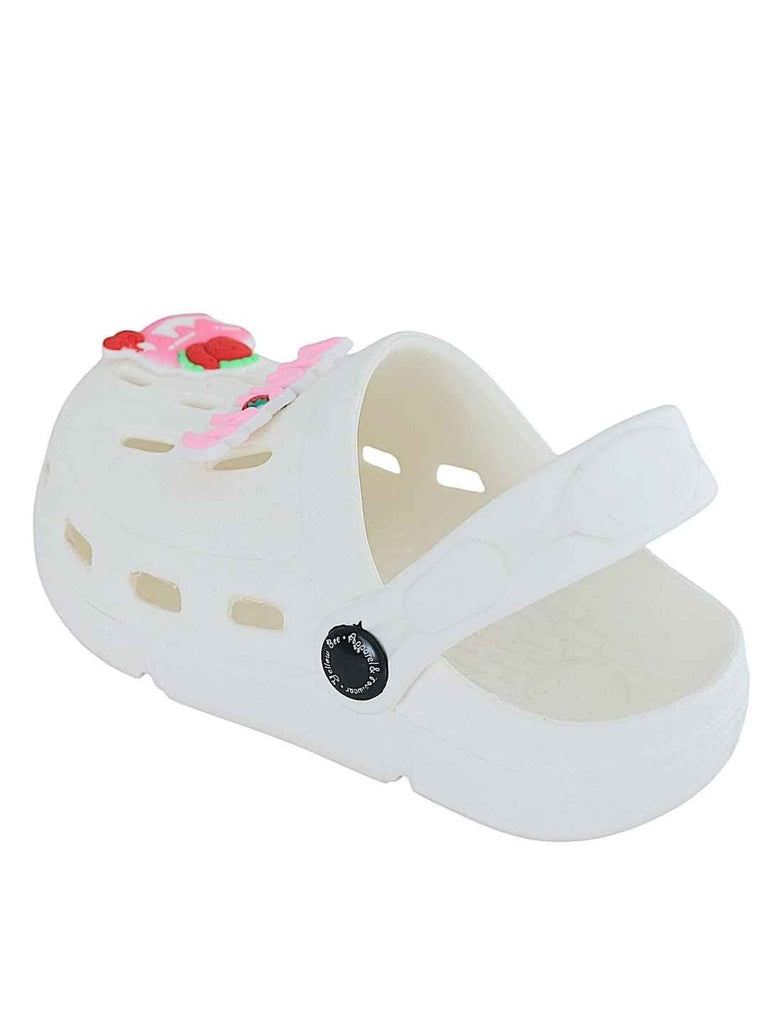 Sweet White Clogs with “Happy” & Cherry Cake Charms for Girls-Back View