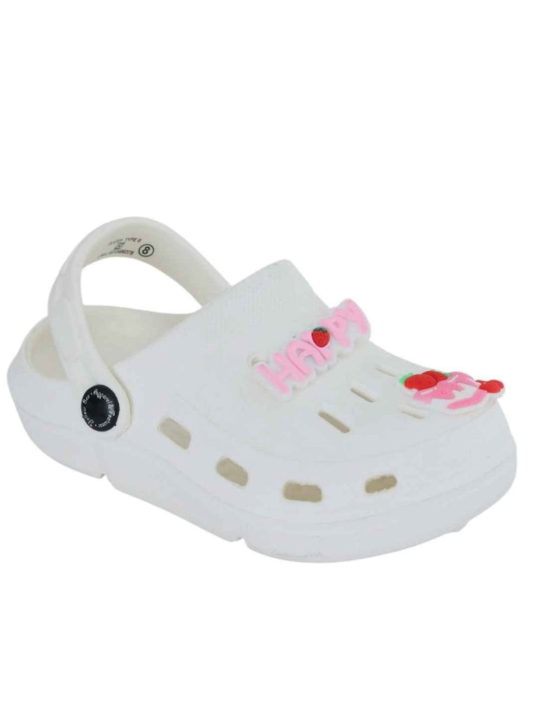 Sweet White Clogs with “Happy” & Cherry Cake Charms for Girls-Angle View