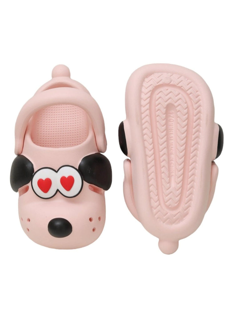 Front and back view of the Sweetheart Soft Pink Puppy Girl's Clogs, highlighting the practical and stylish design details.