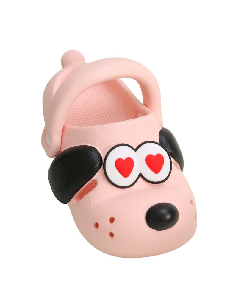 Angle view of Yellow Bee's Sweetheart Soft Pink Puppy Clogs, showcasing the full charm of the puppy design and soft pink color.