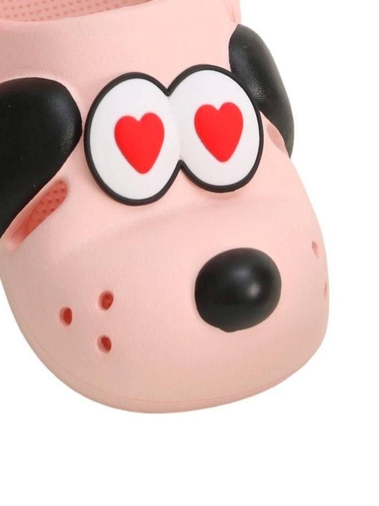 Close-up view of the puppy face on the Sweetheart Soft Pink Puppy Clogs, focusing on the heart-shaped eyes and detailed design.