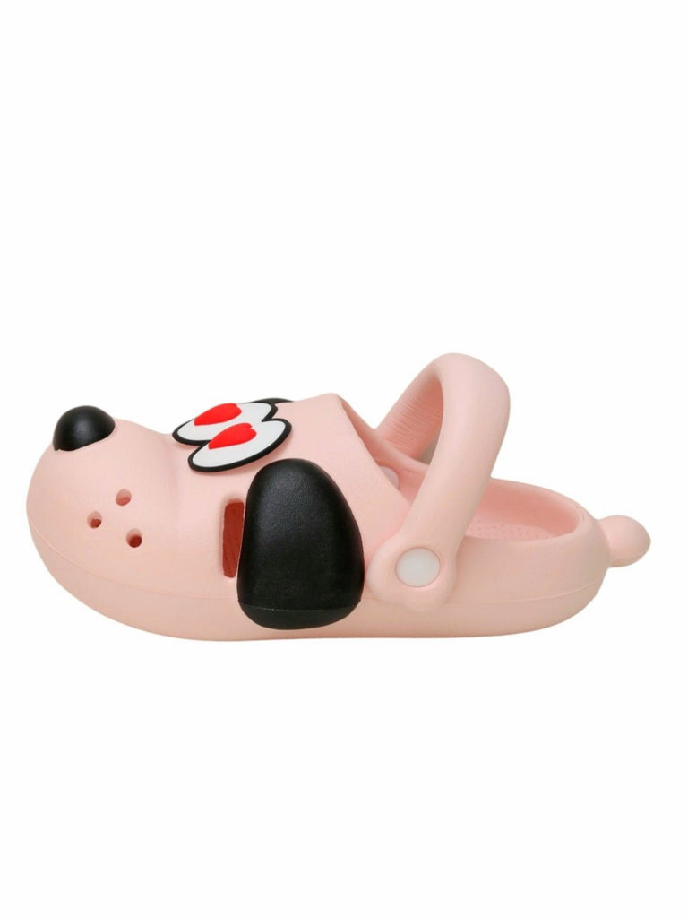 Side view of the Sweetheart Soft Pink Puppy Clogs, illustrating the profile and versatile design suitable for various activities.