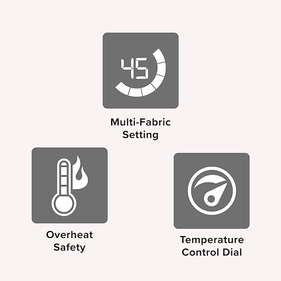 Features of the Syska SDI 350 showcasing the multi-fabric setting and overheat safety.
