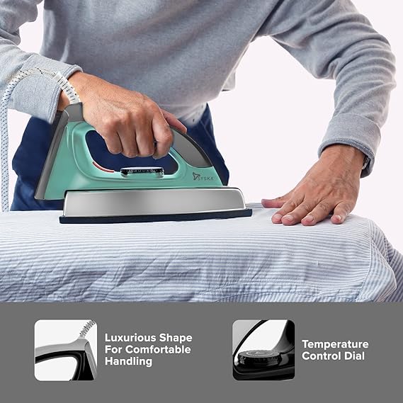 Demonstration of the Syska Classique Dry Iron's comfortable handling and precise temperature control