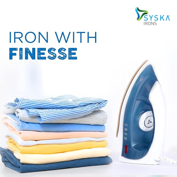 Syska's SDI-200 Dry Iron pressing clothes smoothly, highlighting its lightweight and ergonomic design