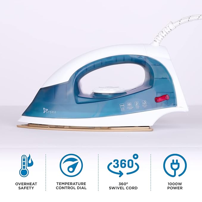 Syska Dry Iron with 1000W power, overheat safety, and temperature control dial for precise ironing