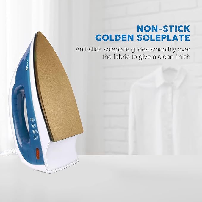 Syska Dry Iron with anti-stick golden soleplate for a smooth ironing experience.