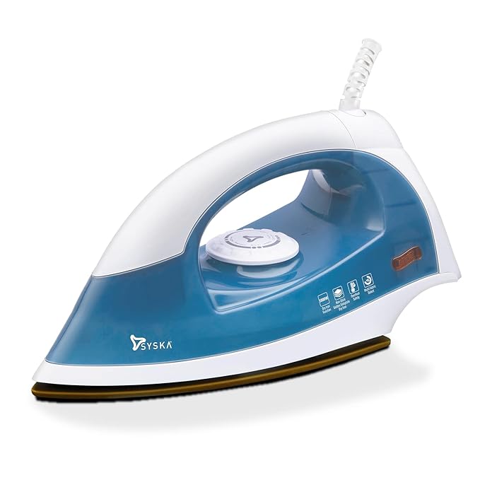 Close-up view of Syska's SDI-200 Dry Iron showcasing the non-stick soleplate.