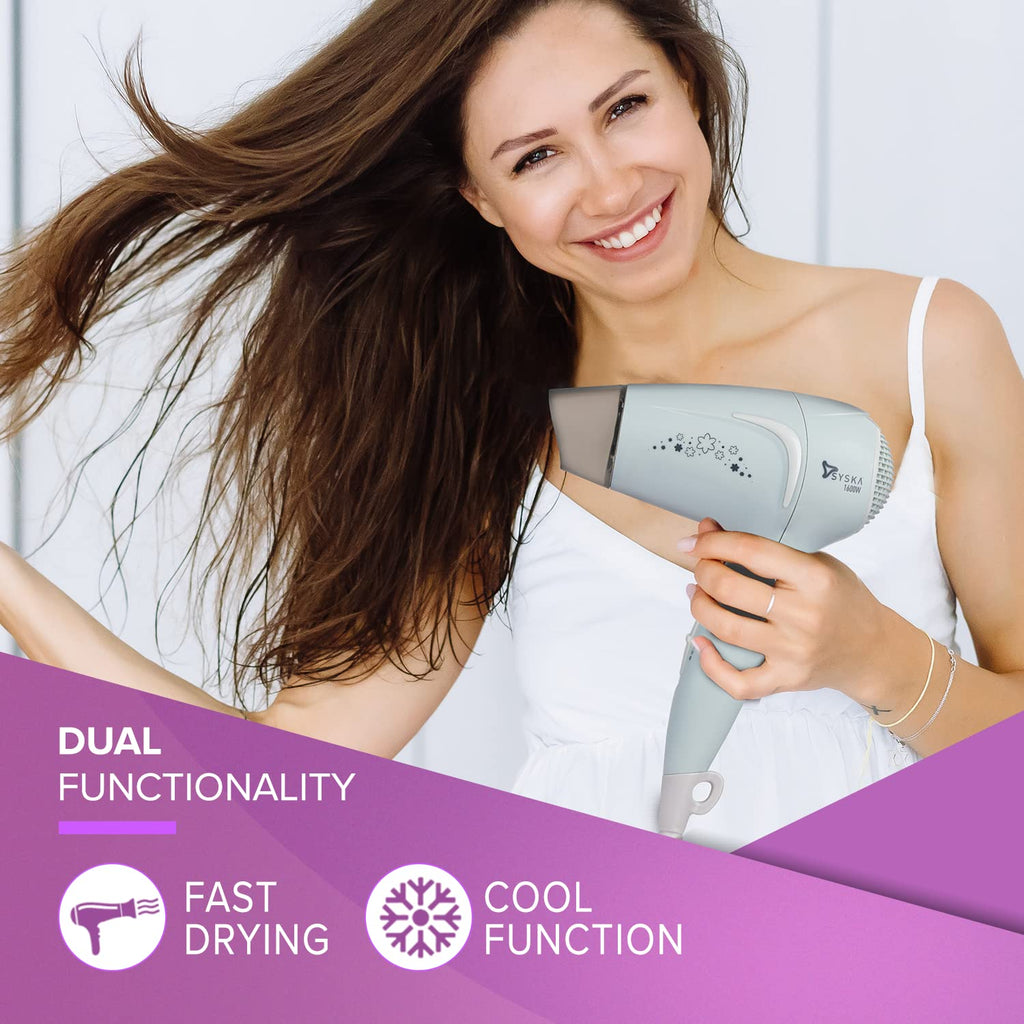 Happy user styling hair with Syska HD1625 Hair Dryer featuring dual functionality for fast drying and cool function