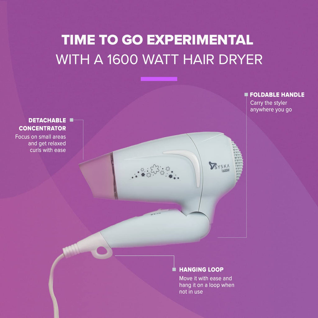 Syska HD1625 Hair Dryer with detachable concentrator and foldable handle for stylish and efficient hair drying
