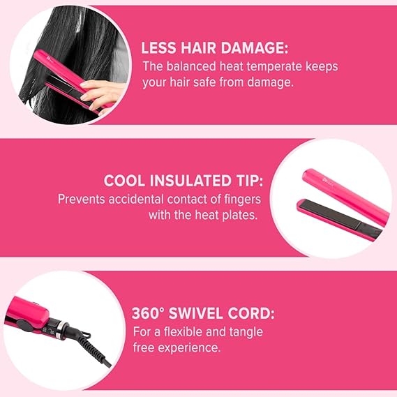 Syska SuperGlam Hair Straightener's key features with heat balance technology for less hair damage
