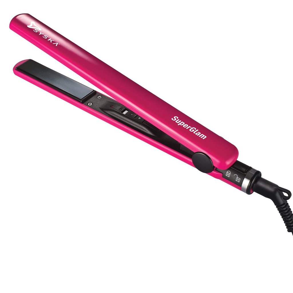 Syska HS6812 SuperGlam Hair Straightener in vibrant pink with keratin-infused ceramic plates for rapid styling