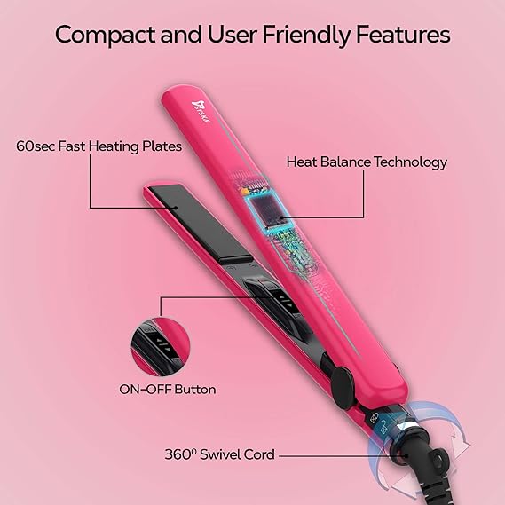 Syska SuperGlam Hair Straightener's user-friendly features including 60sec fast heating and 360° swivel cord